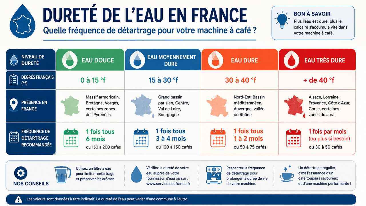 Découvrez la fréquence de détartrage idéale pour votre machine à café selon la dureté de l'eau de votre région, exprimée en degrés français