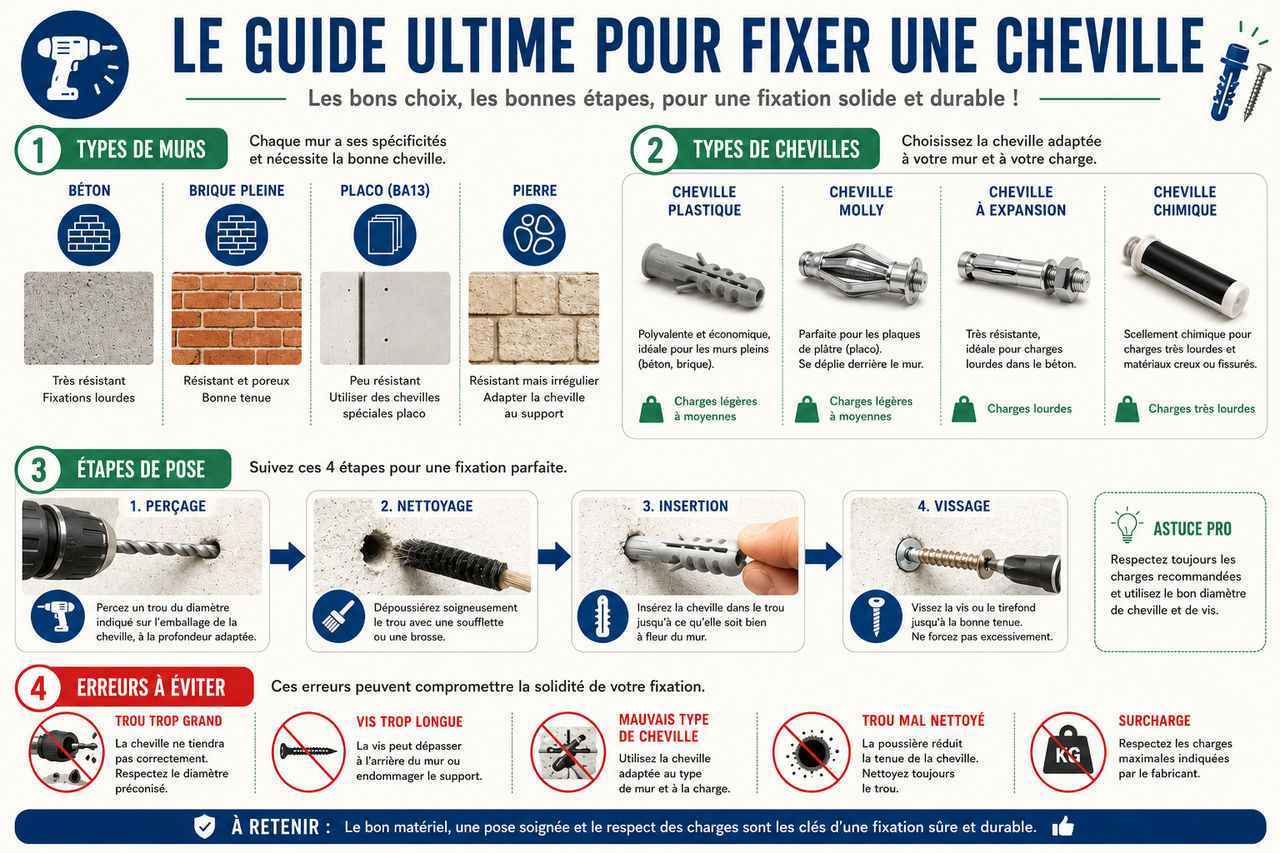 Infographie complète pour apprendre à fixer une cheville dans un mur. Types de murs, chevilles, étapes et erreurs à éviter