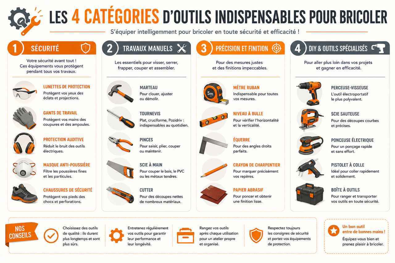 Toute la liste des outils indispensables pour bricoler chez soi, résumée en une infographie claire par catégorie : sécurité, travaux, finition et DIY