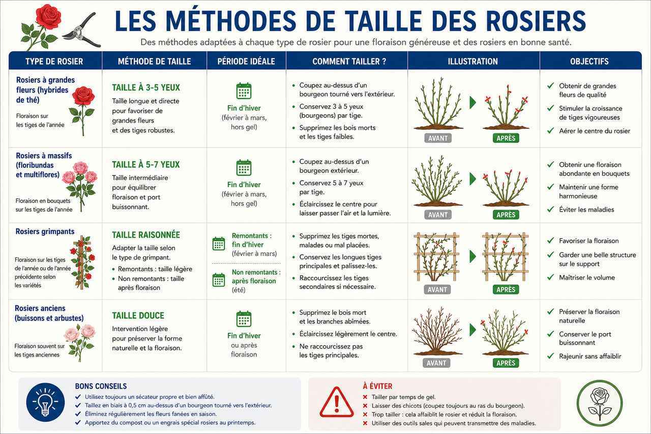 Un tableau informatif présentant les différentes méthodes de taille des rosiers, avec des illustrations claires pour chaque technique. Ce visuel aide à comprendre les approches adaptées selon le type de rosier