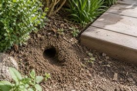 Un trou de rat dans un jardin, avec des bords nets et des traces de terre fraîche autour, symbolisant l'activité des rongeurs