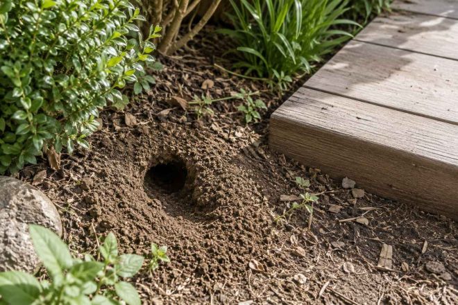 Un trou de rat dans un jardin, avec des bords nets et des traces de terre fraîche autour, symbolisant l'activité des rongeurs